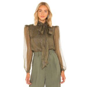 Saloni Tasmin Silk Tie Neck Blouse in Khaki Multi size 4